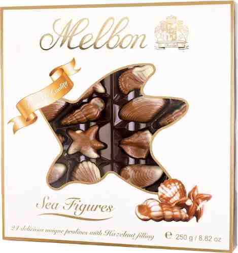 Конфеты Melbon Морские фигуры из молочного и белого шоколада с ореховом пралине 250г арт. 522895