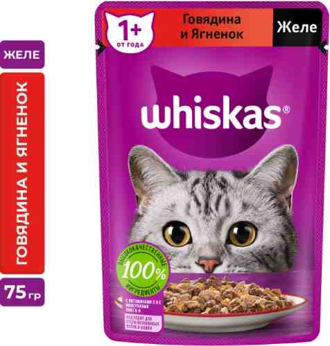 Влажный корм для кошек Whiskas полнорационный желе с говядиной и ягненком 75г арт. 1036657