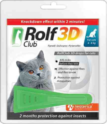 Капли от клещей и насекомых RolfClub 3D для кошек 4-8кг 0.8мл арт. 1198697