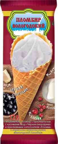 Мороженое Вологодский пломбир Пломбир с кусочками ягод Черная смородина и Клюква в сахарном рожке 120г арт. 968866