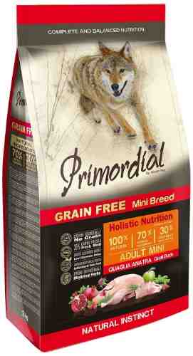 Сухой корм для собак Primordial Mini Adult беззерновой Перепелка утка 2кг арт. 1190480