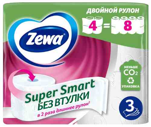 Туалетная бумага Zewa Super Smart без втулки 4 рулона 3 слоя арт. 1183459