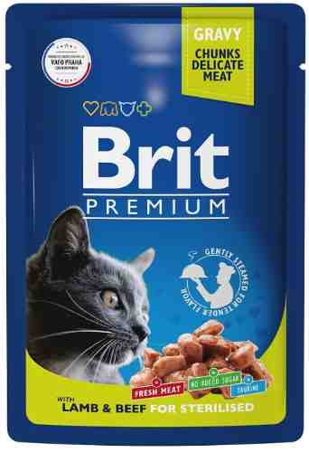 Влажный корм для взрослых кошек Brit Premium с ягненком и говядиной в соусе 85г арт. 1178398